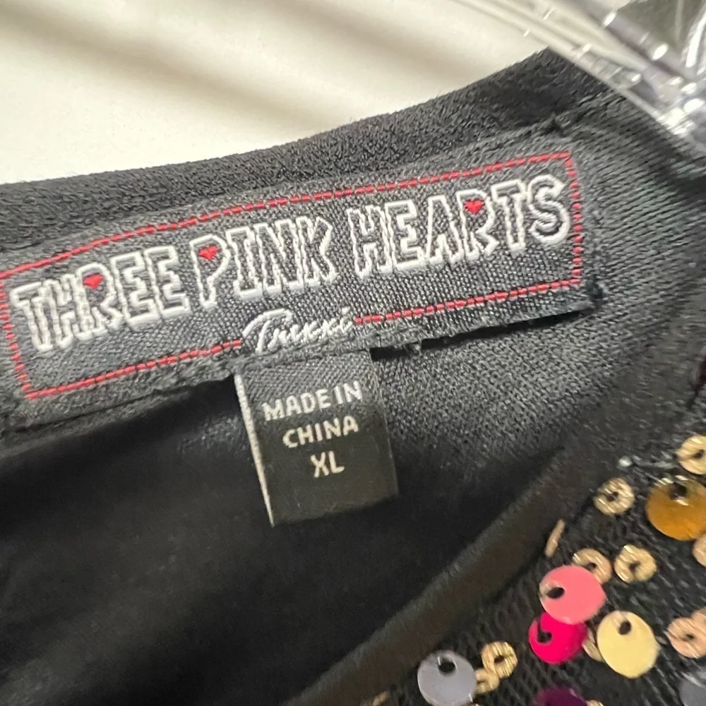 THREE PINK  HEARTS  BLACK W/MULTI-COLORED SEQUINS HOLIDAY OR PARTY DRESS.  XL